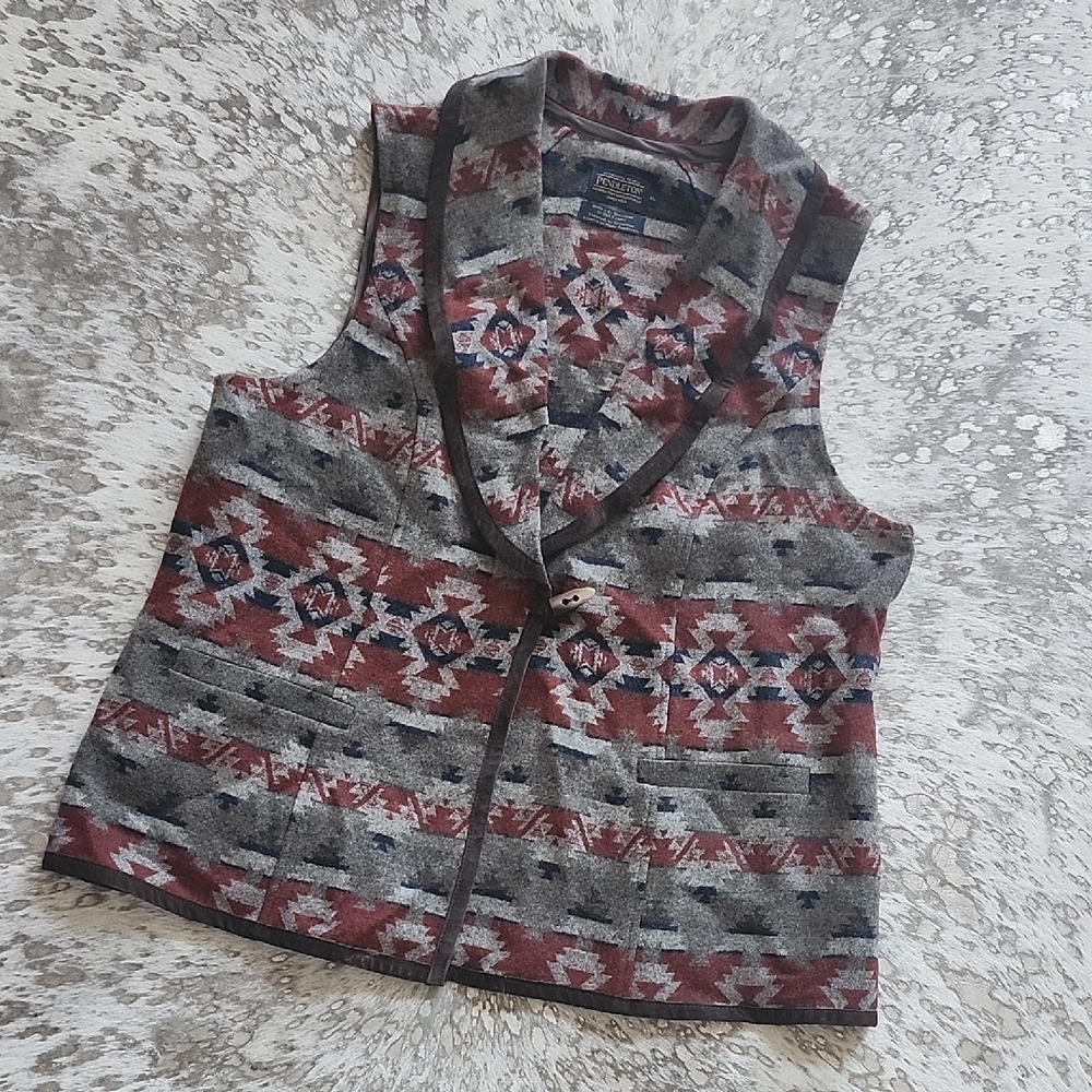 Pendleton Virgin Wool Aztec Western Ranchcore Sweater Vest SzXL Suede Trim